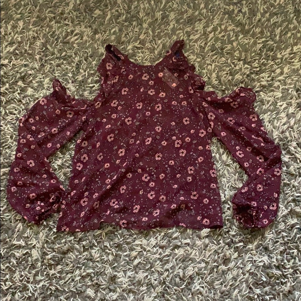 Maroon, Open-Shouldered, Floral, Aeropostale Shirt